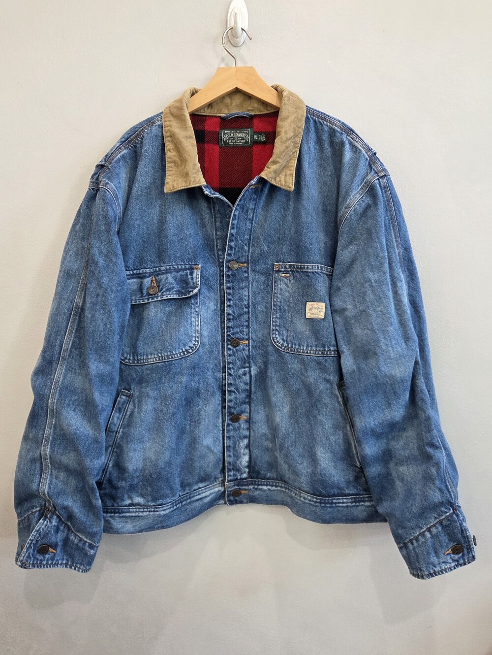 Polo Ralph Lauren Country Distressed Denim Utility Jacket Lined Plaid Men's XXL